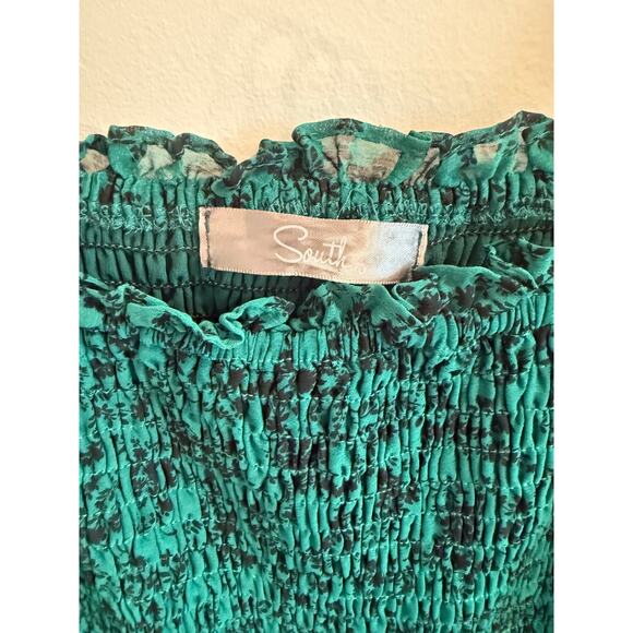 Olivaceous South Sz L Green Floral Smocked Body Sheer Sleeve Short Boho Dress - Picture 2 of 7